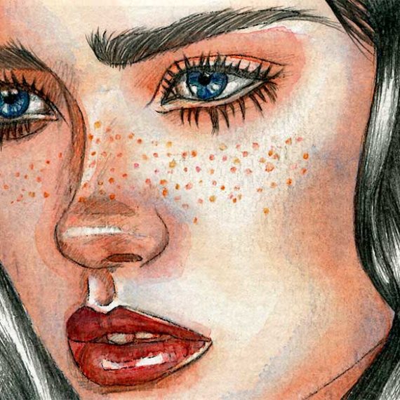 Detail of watercolor and graphite pencil portrait on paper by Raquel Saavedra - Deep