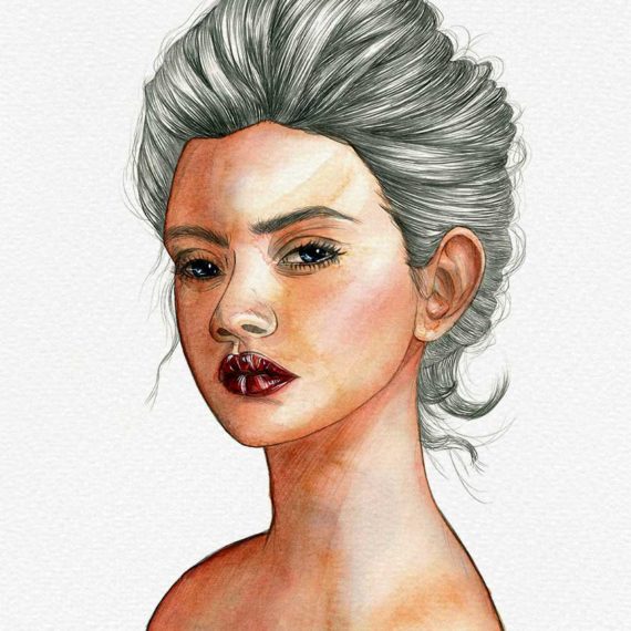 Watercolor and graphite pencil portrait on paper by Raquel Saavedra - Here