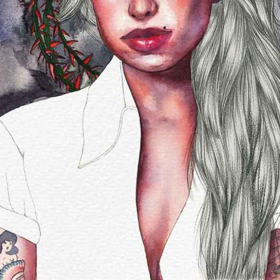 Amy Winehouse watercolor portrait detail by Raquel Saavedra